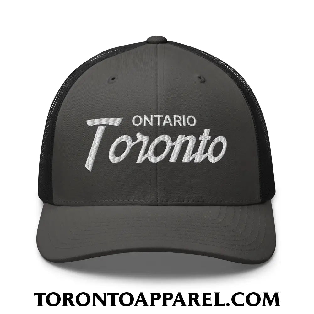 Toronto Ontario Vintage Sports Script Embroidered Mesh Trucker Hat - Charcoal/ Black - Toronto Apparel
