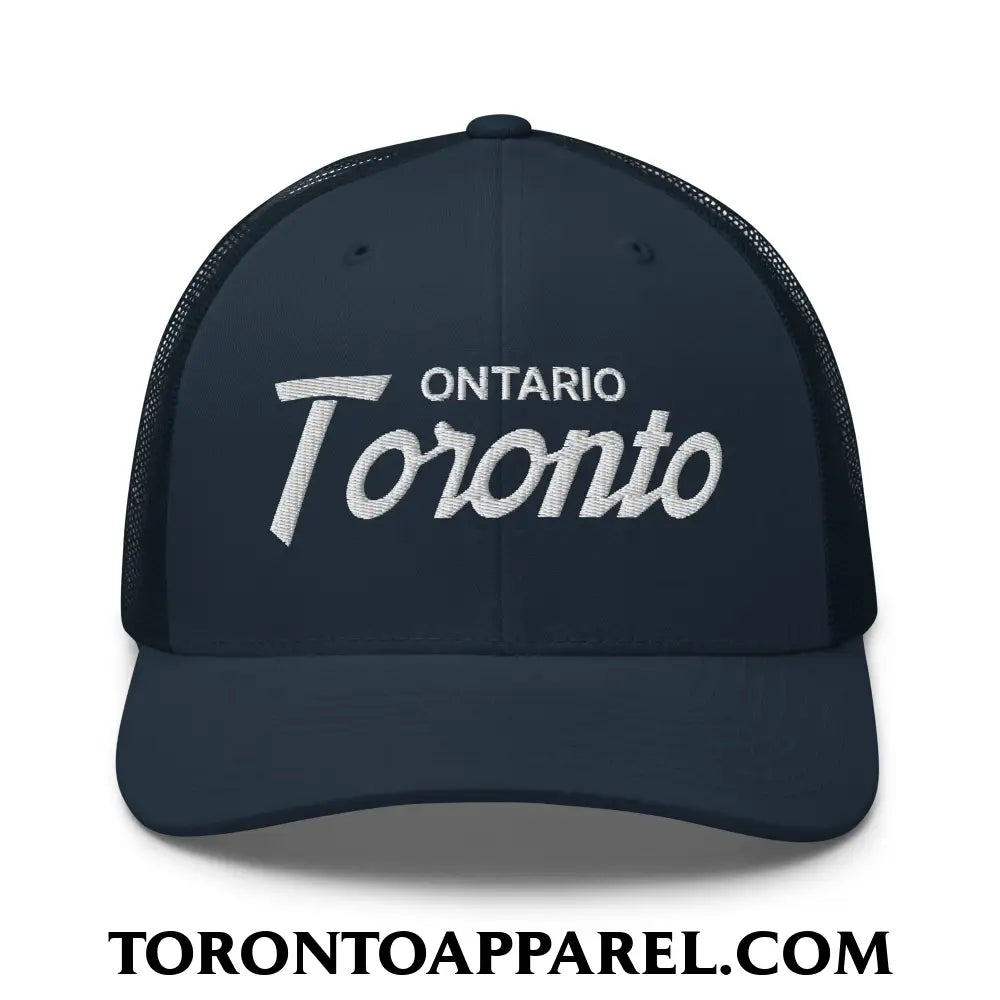 Toronto Ontario Vintage Sports Script Embroidered Mesh Trucker Hat - Navy - Toronto Apparel