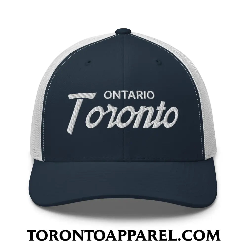Toronto Ontario Vintage Sports Script Embroidered Mesh Trucker Hat - Navy/ White - Toronto Apparel