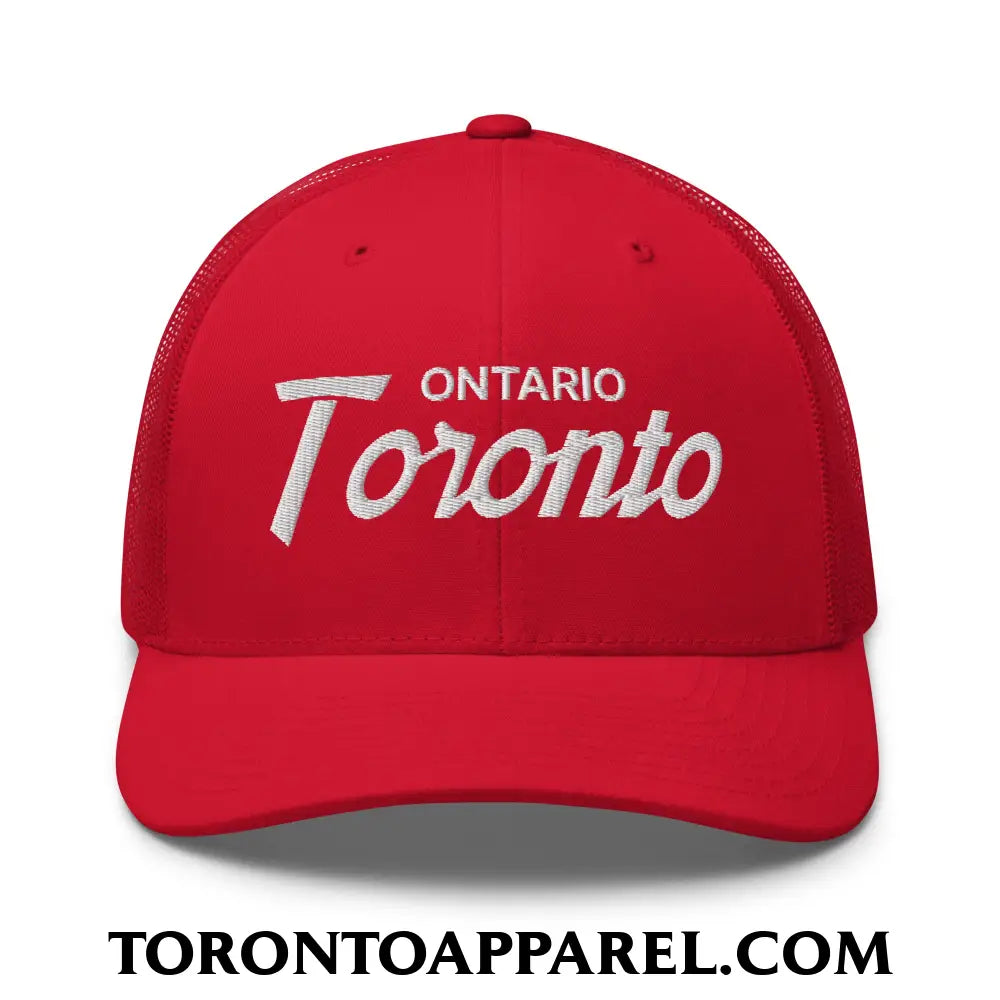 Toronto Ontario Vintage Sports Script Embroidered Mesh Trucker Hat - Red - Toronto Apparel