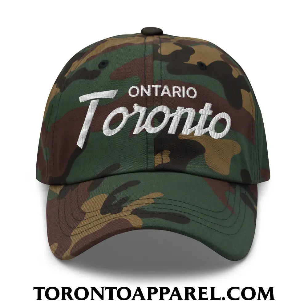 Toronto Ontario Vintage Sports Script Embroidered Unstructured Dad Hat - Green Camo - Toronto Apparel
