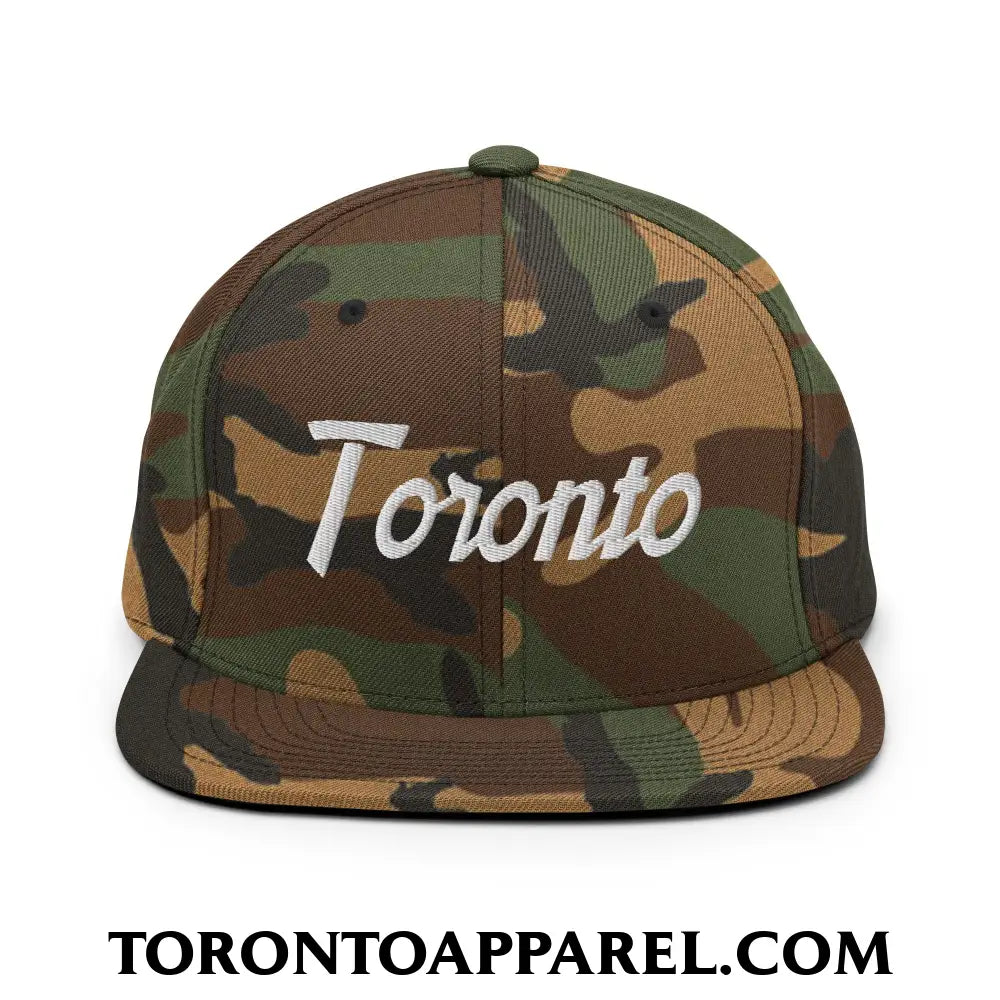 Toronto Vintage Sports Script Embroidered Flat Brim Bill Snapback Hat - Green Camo - Toronto Apparel