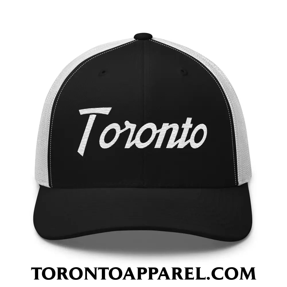 Toronto Vintage Sports Script Embroidered Mesh Trucker Hat - Black/ White - Toronto Apparel