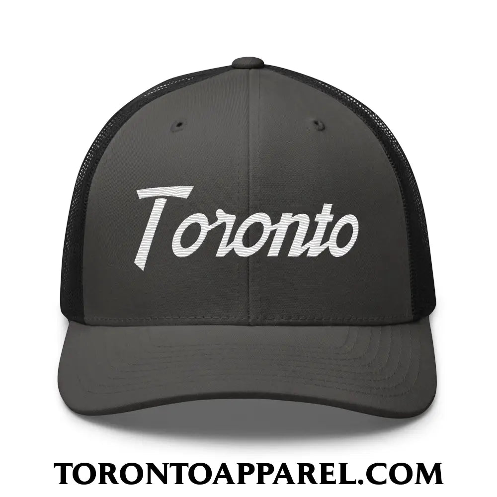 Toronto Vintage Sports Script Embroidered Mesh Trucker Hat - Charcoal/ Black - Toronto Apparel