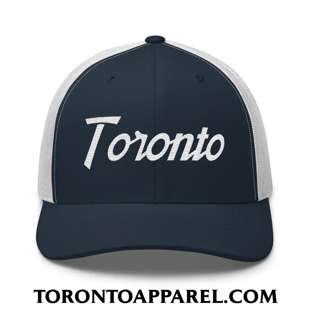 Toronto Vintage Sports Script Embroidered Mesh Trucker Hat - Navy/ White - Toronto Apparel