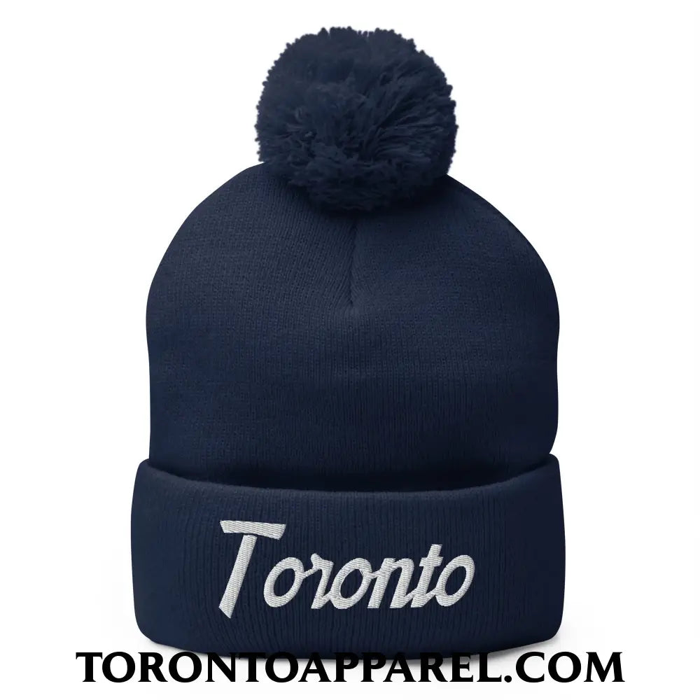 Toronto Vintage Sports Script Embroidered Pom Pom Knit Beanie - Navy - Toronto Apparel