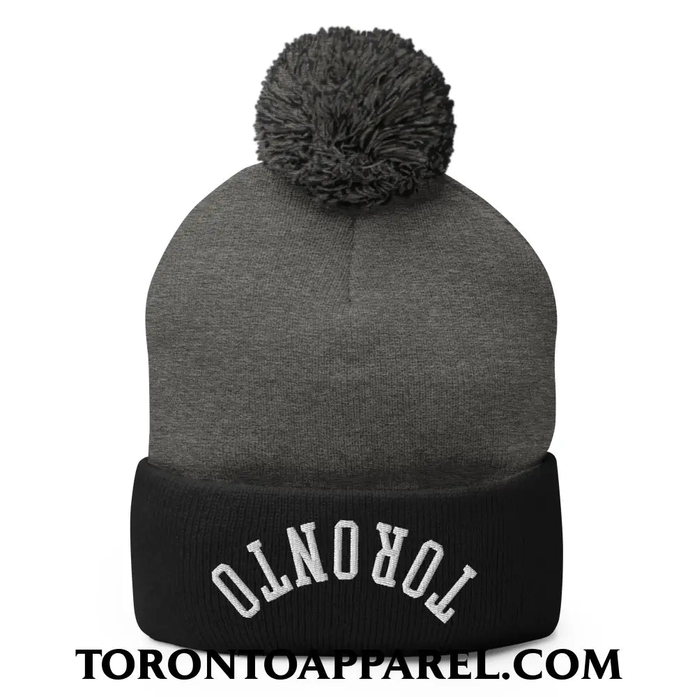 Upside Down Toronto Embroidered Pom Pom Knit Beanie - Dark Heather Grey/ Black - Toronto Apparel