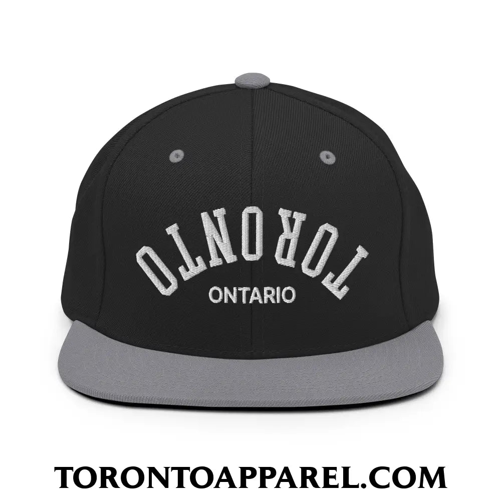 Upside Down Toronto Ontario Embroidered Flat Brim Bill Snapback Hat - Black/ Silver - Toronto Apparel