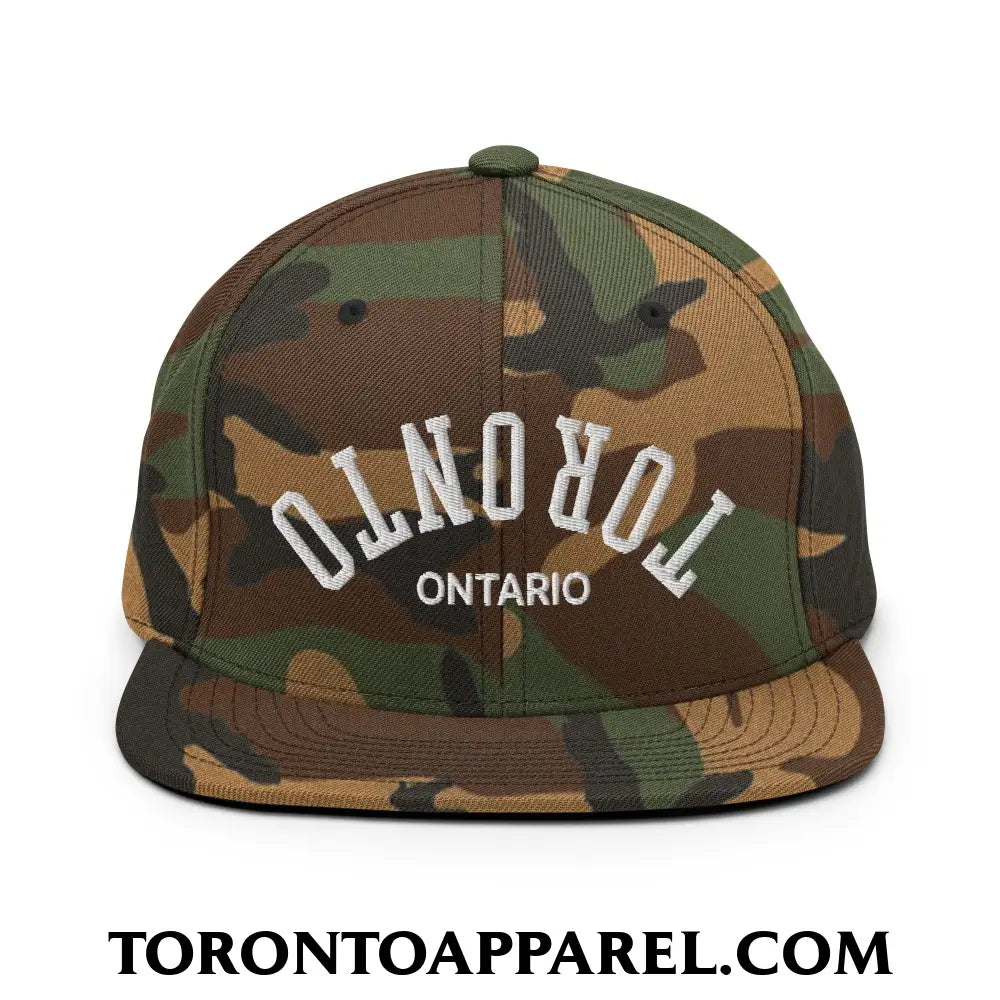 Upside Down Toronto Ontario Embroidered Flat Brim Bill Snapback Hat - Green Camo - Toronto Apparel