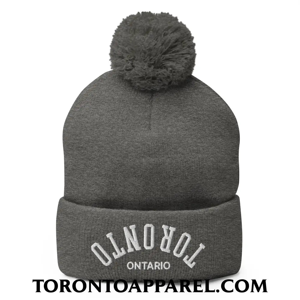 Upside Down Toronto Ontario Embroidered Pom Pom Knit Beanie - Dark Heather Grey - Toronto Apparel