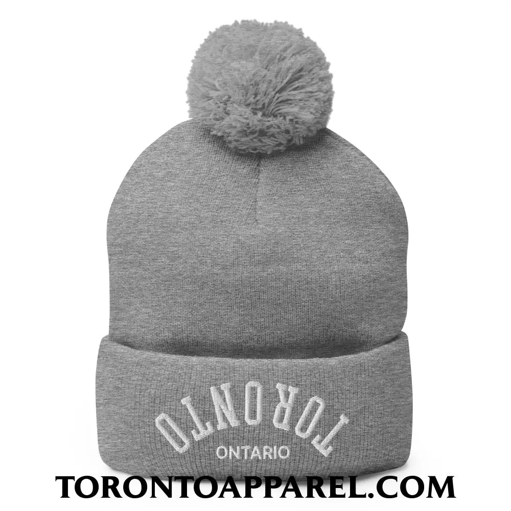Upside Down Toronto Ontario Embroidered Pom Pom Knit Beanie - Heather Grey - Toronto Apparel