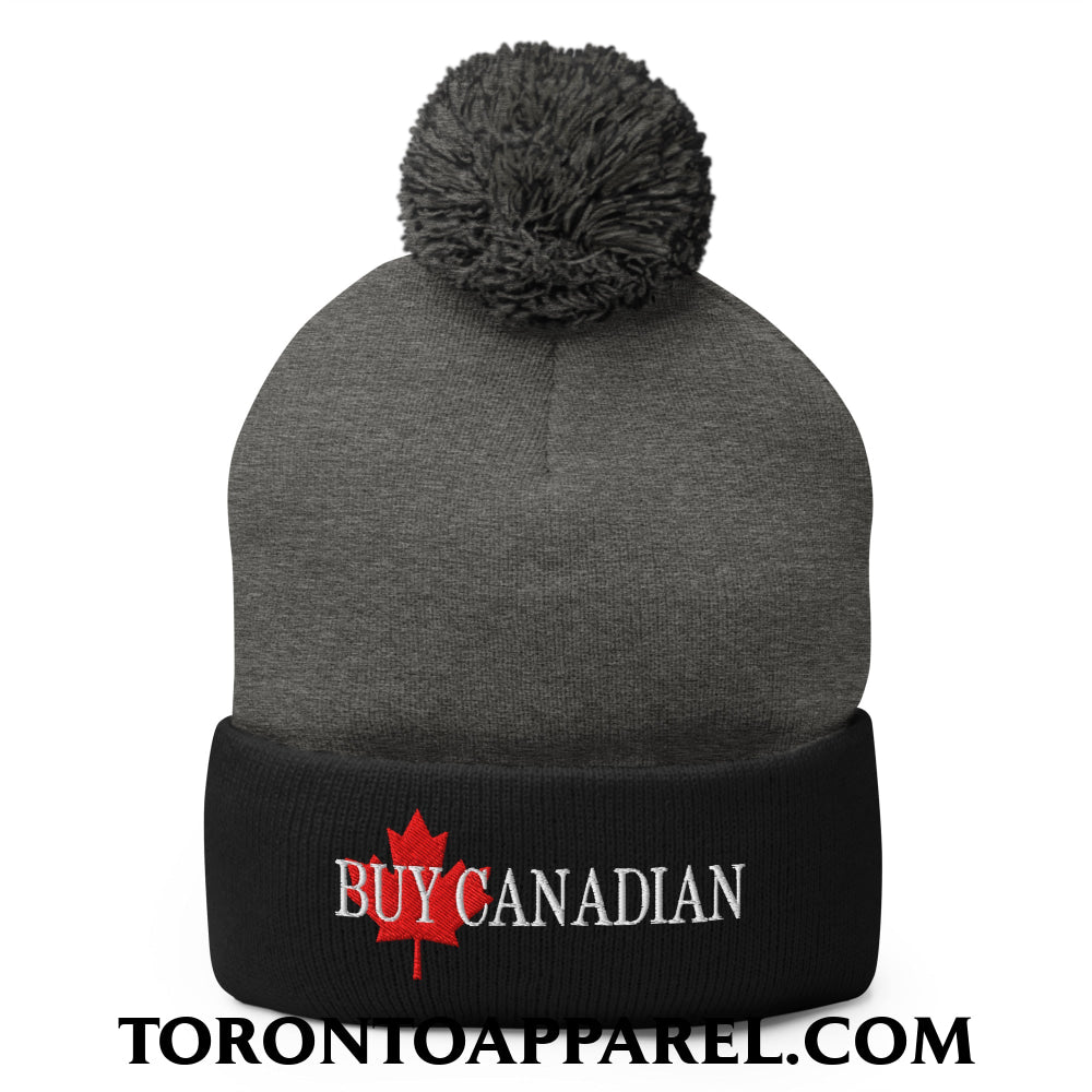 Buy Canadian Maple Leaf Embroidered Pom Pom Knit Beanie - Dark Heather Grey/ Black - Toronto Apparel