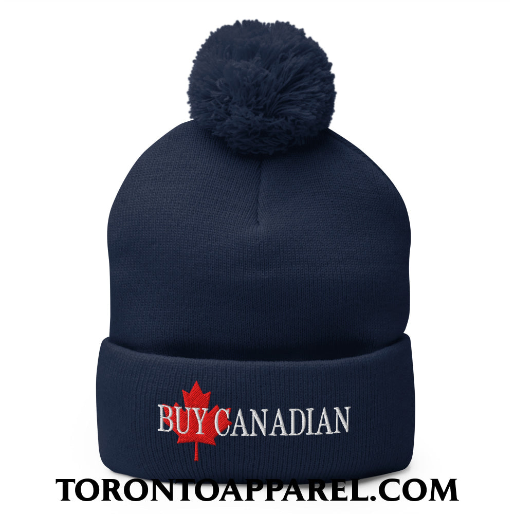 Buy Canadian Maple Leaf Embroidered Pom Pom Knit Beanie - Navy - Toronto Apparel