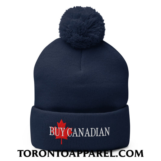 Buy Canadian Maple Leaf Embroidered Pom Pom Knit Beanie - Navy - Toronto Apparel