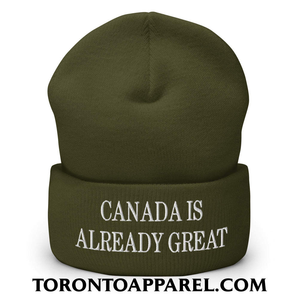 Canada is Already Great Embroidered Cuffed Knit Beanie - Olive - Toronto Apparel