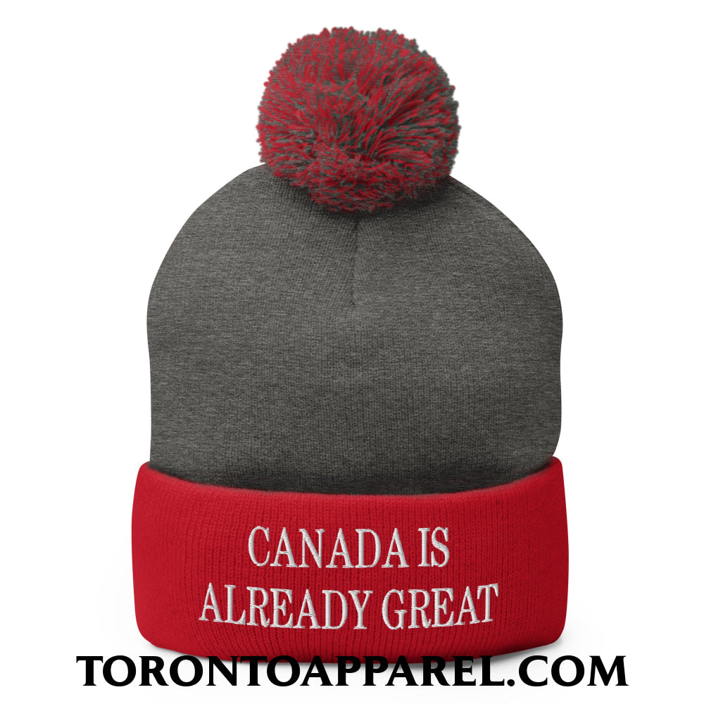 Canada is Already Great Embroidered Pom Pom Knit Beanie - Dark Heather Grey/ Red - Toronto Apparel
