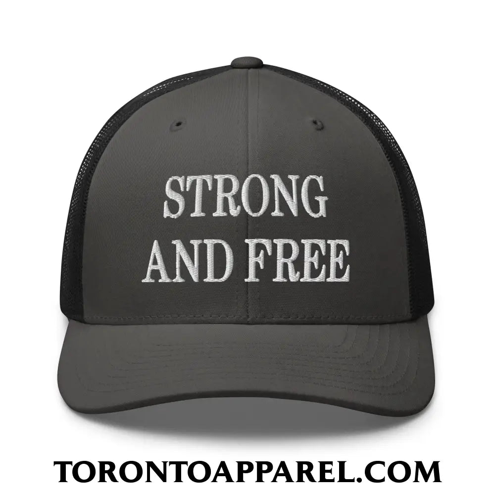 Canada Strong and Free Embroidered Mesh Trucker Hat - Charcoal/ Black - Toronto Apparel