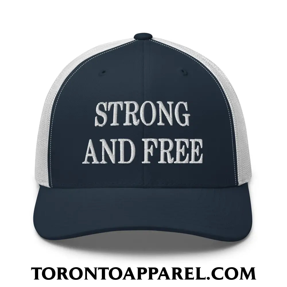 Canada Strong and Free Embroidered Mesh Trucker Hat - Navy/ White - Toronto Apparel