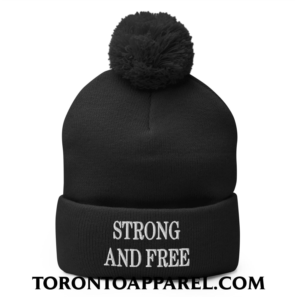 Canada Strong and Free Embroidered Pom Pom Knit Beanie - Black - Toronto Apparel