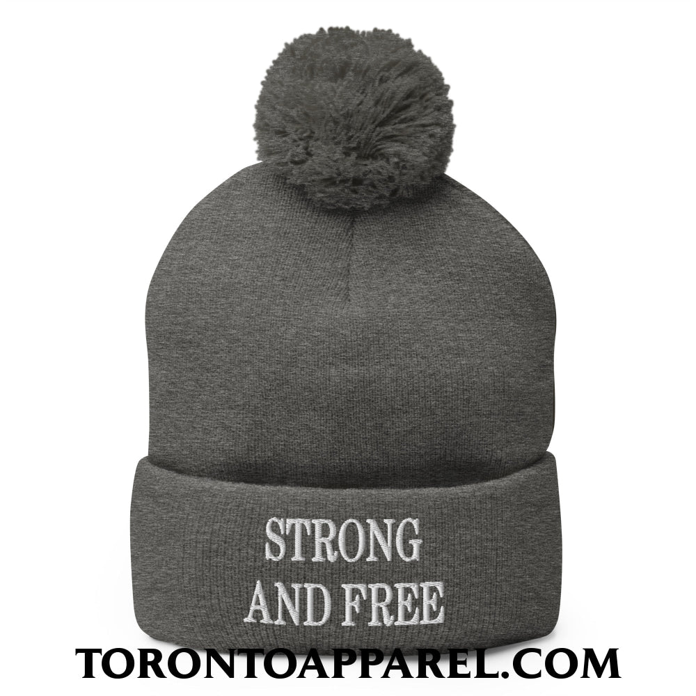 Canada Strong and Free Embroidered Pom Pom Knit Beanie - Dark Heather Grey - Toronto Apparel