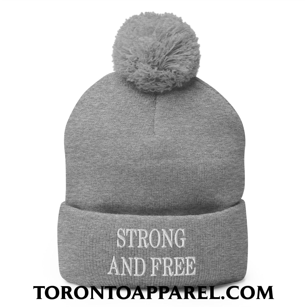 Canada Strong and Free Embroidered Pom Pom Knit Beanie - Heather Grey - Toronto Apparel