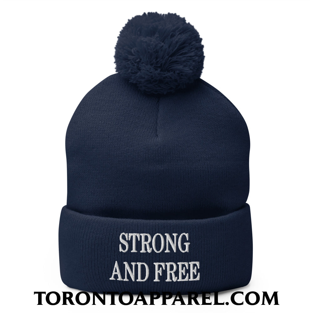 Canada Strong and Free Embroidered Pom Pom Knit Beanie - Navy - Toronto Apparel
