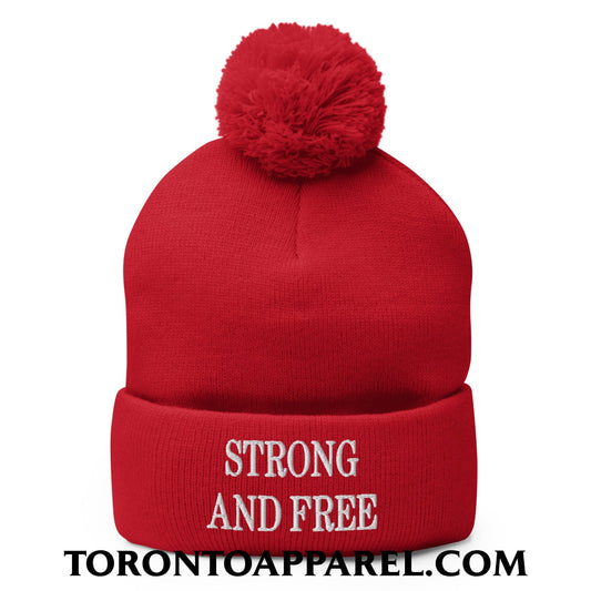 Canada Strong and Free Embroidered Pom Pom Knit Beanie - Red - Toronto Apparel