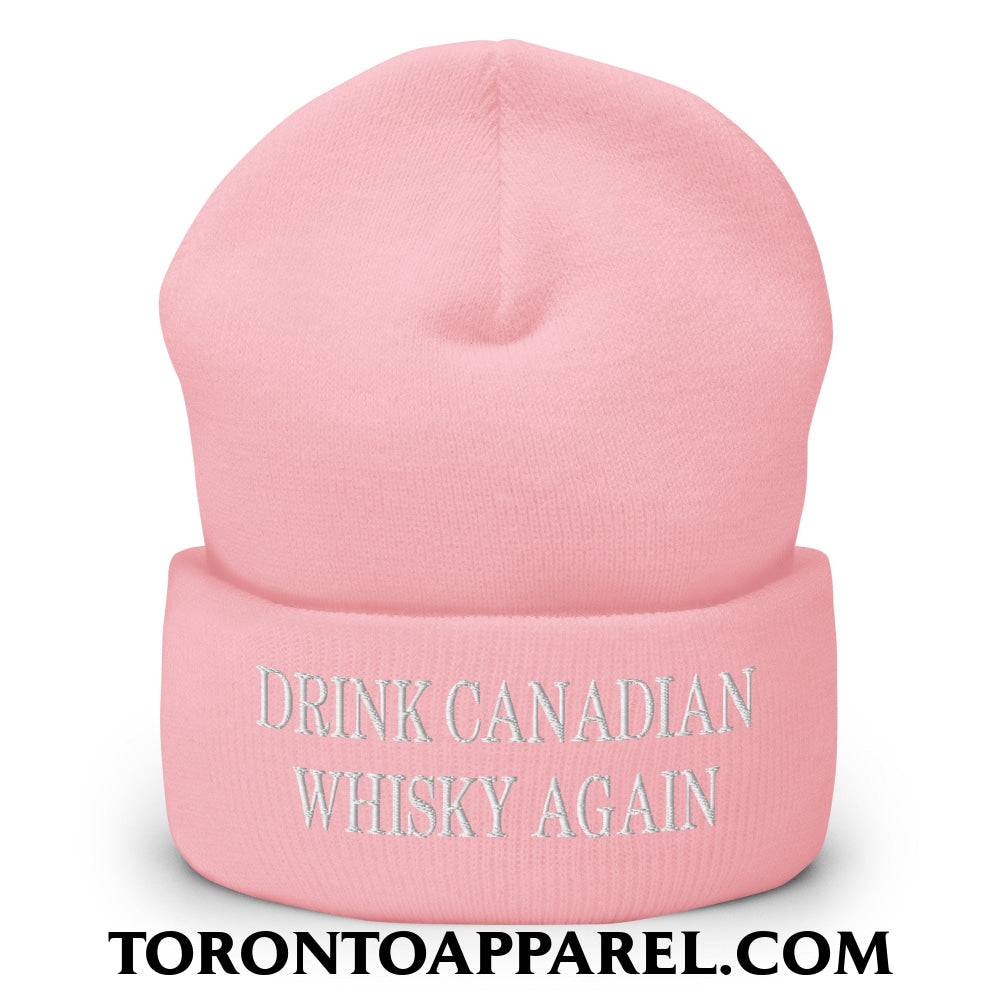 Drink Canadian Whisky Again Embroidered Cuffed Knit Beanie - Baby Pink - Toronto Apparel