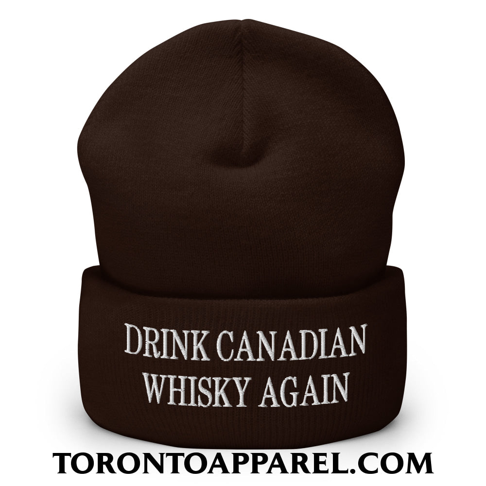 Drink Canadian Whisky Again Embroidered Cuffed Knit Beanie - Brown - Toronto Apparel