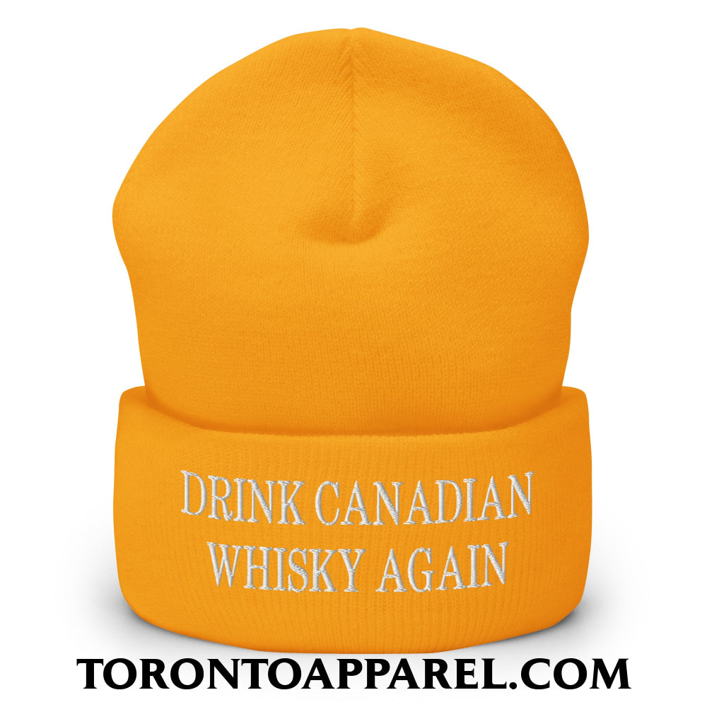 Drink Canadian Whisky Again Embroidered Cuffed Knit Beanie - Gold - Toronto Apparel