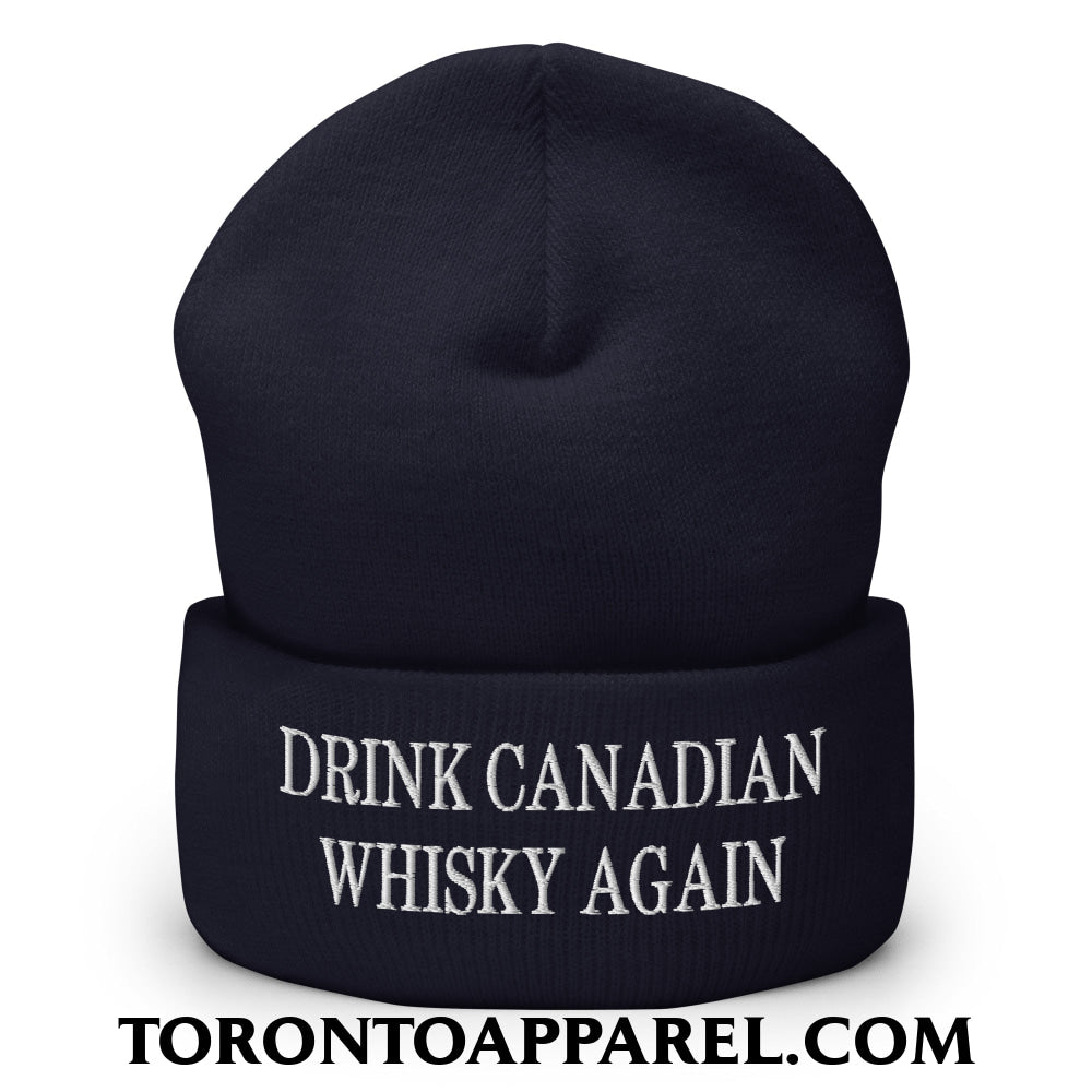 Drink Canadian Whisky Again Embroidered Cuffed Knit Beanie - Navy - Toronto Apparel