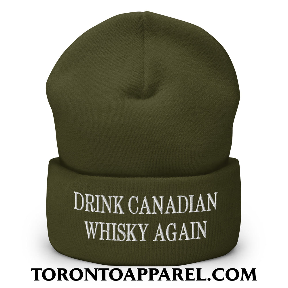 Drink Canadian Whisky Again Embroidered Cuffed Knit Beanie - Olive - Toronto Apparel