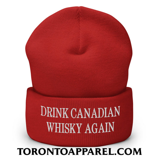 Drink Canadian Whisky Again Embroidered Cuffed Knit Beanie - Red - Toronto Apparel
