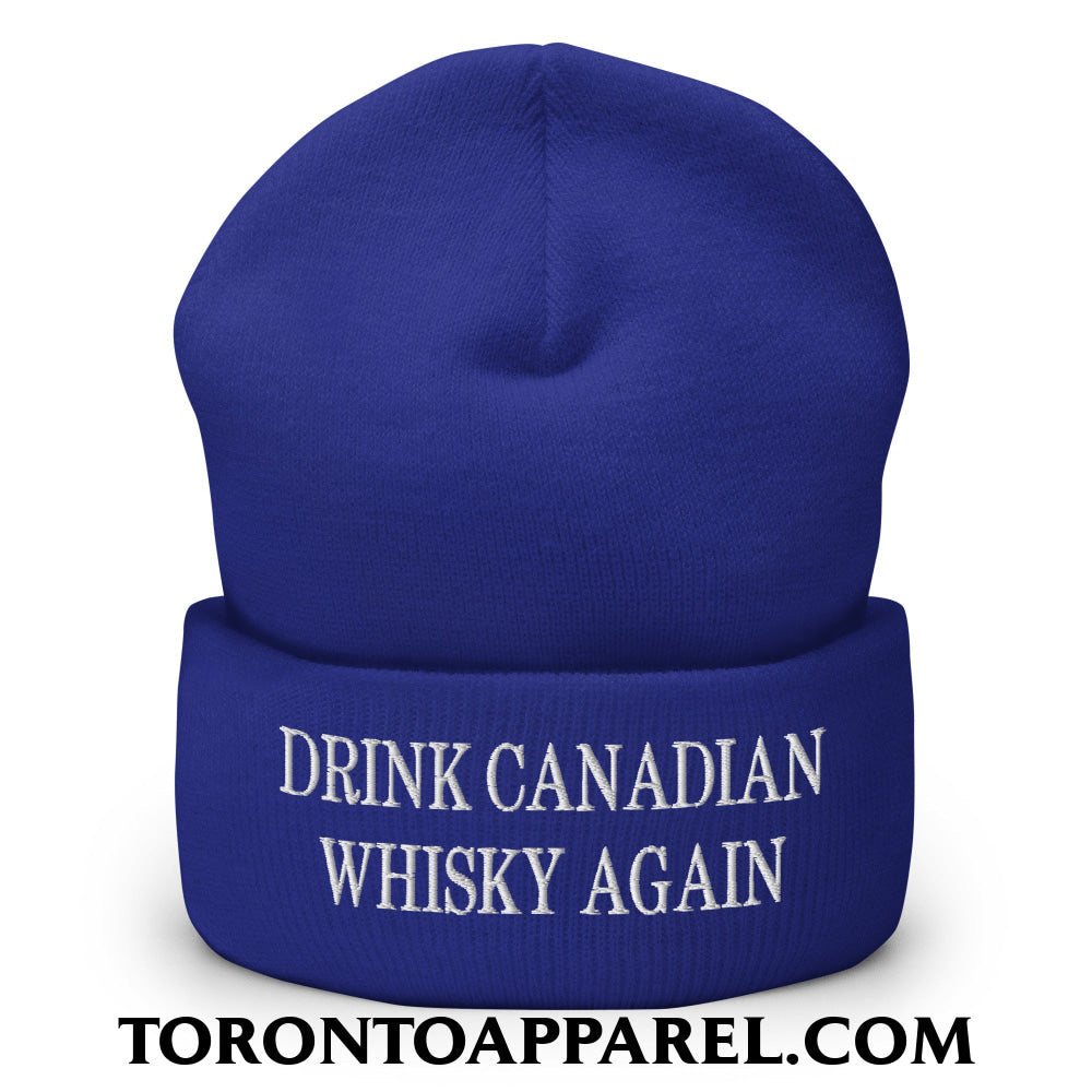 Drink Canadian Whisky Again Embroidered Cuffed Knit Beanie - Royal - Toronto Apparel