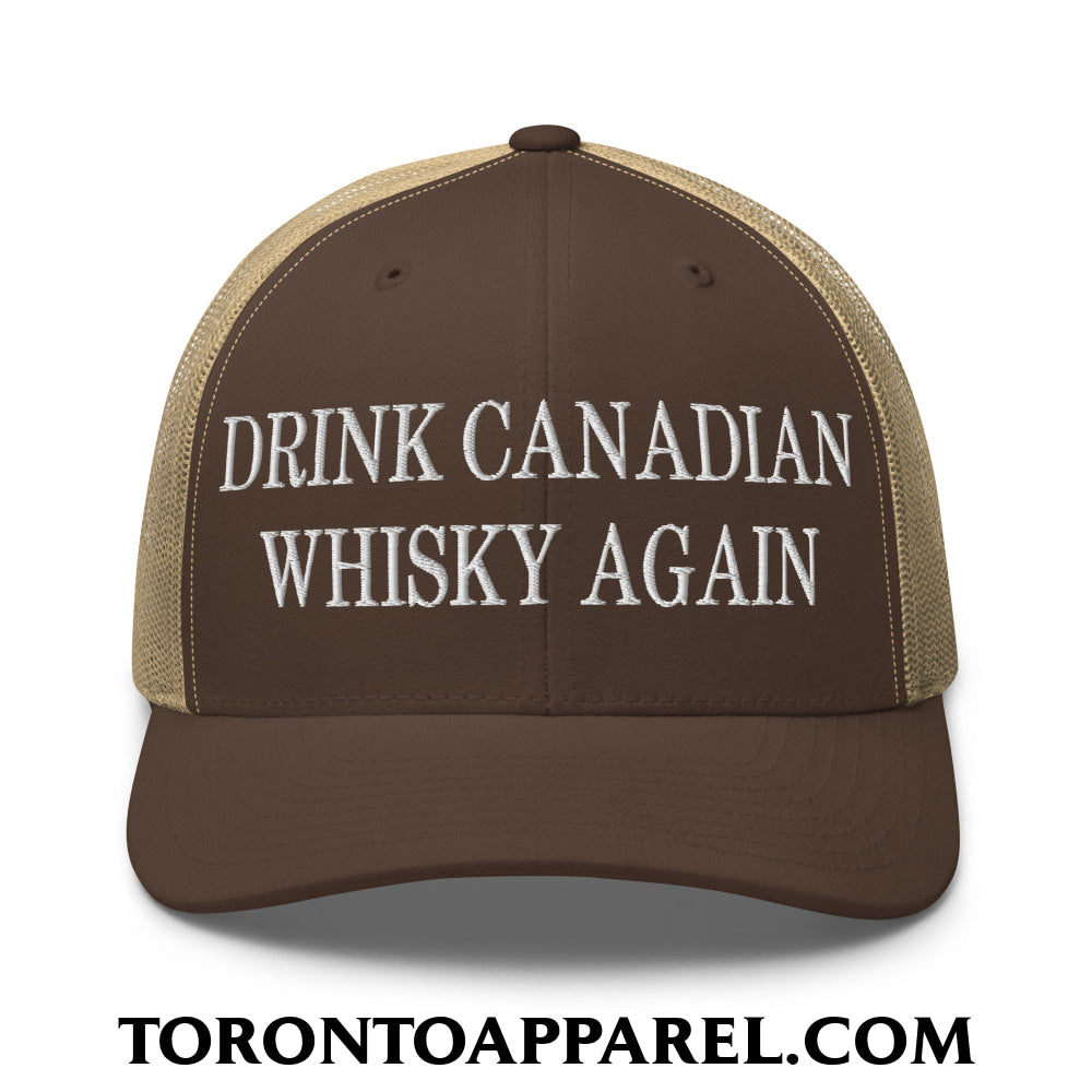 Drink Canadian Whisky Again Embroidered Mesh Trucker Hat - Brown/ Khaki - Toronto Apparel