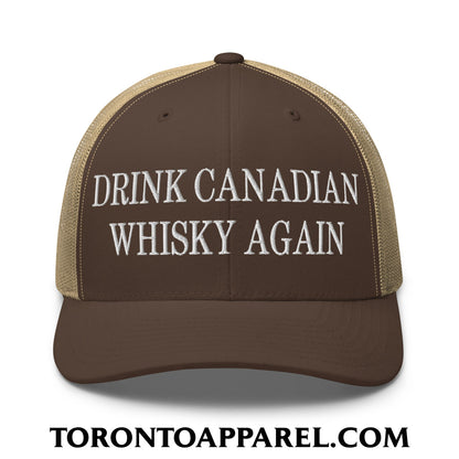 Drink Canadian Whisky Again Embroidered Mesh Trucker Hat - Brown/ Khaki - Toronto Apparel