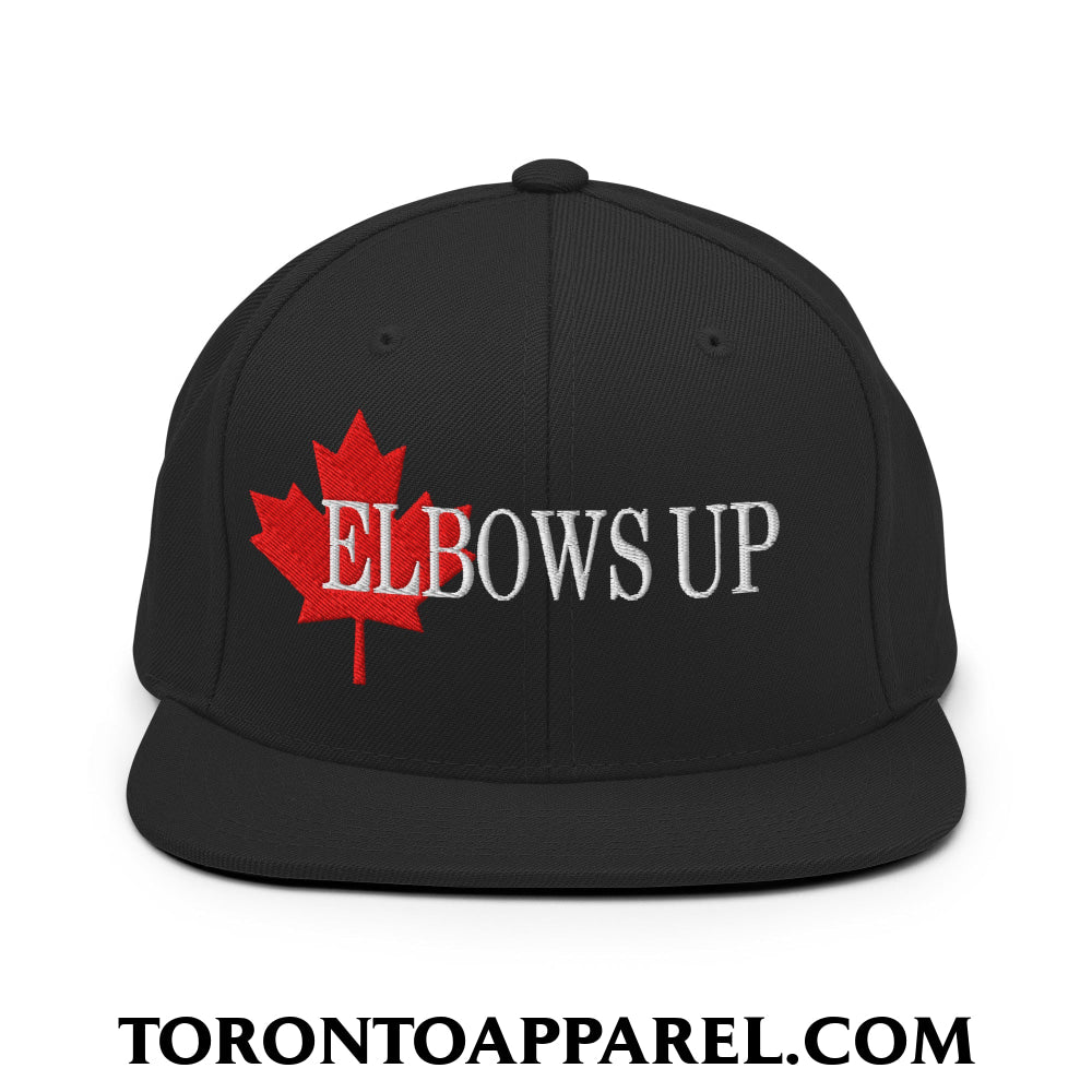 Elbows Up Fight for Canada Maple Leaf Embroidered Flat Brim Bill Snapback Hat - Black - Toronto Apparel