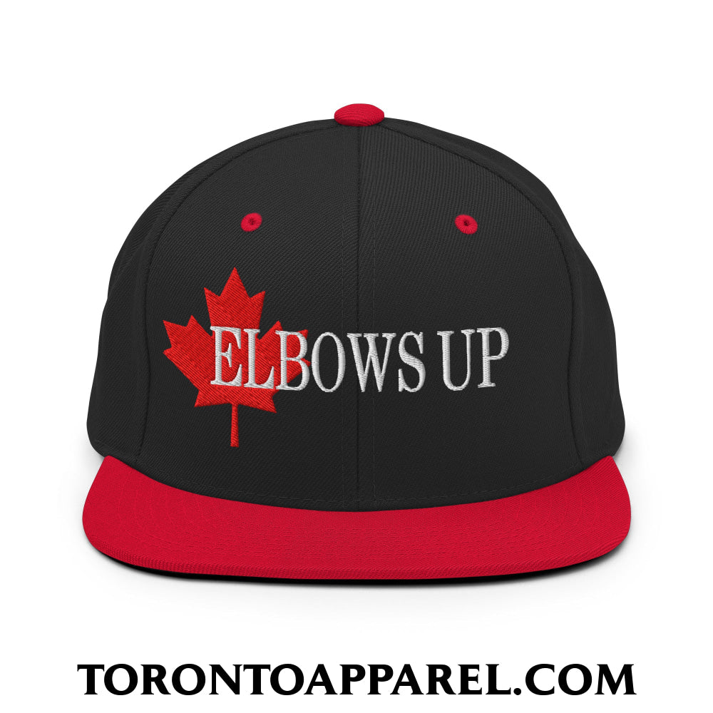 Elbows Up Fight for Canada Maple Leaf Embroidered Flat Brim Bill Snapback Hat - Black/ Red - Toronto Apparel