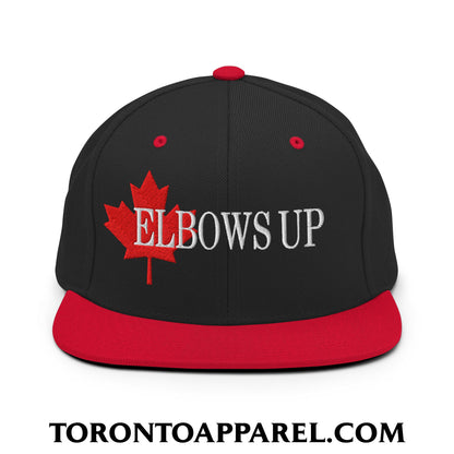 Elbows Up Fight for Canada Maple Leaf Embroidered Flat Brim Bill Snapback Hat - Black/ Red - Toronto Apparel