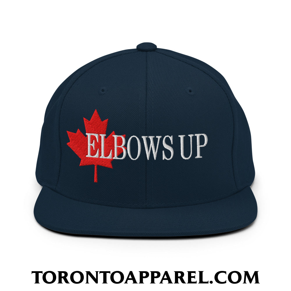 Elbows Up Fight for Canada Maple Leaf Embroidered Flat Brim Bill Snapback Hat - Dark Navy - Toronto Apparel