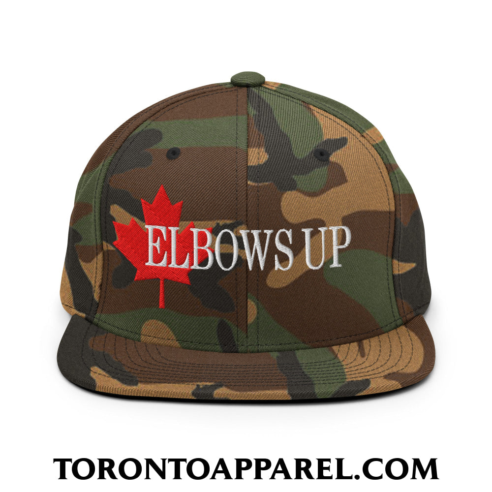 Elbows Up Fight for Canada Maple Leaf Embroidered Flat Brim Bill Snapback Hat - Green Camo - Toronto Apparel