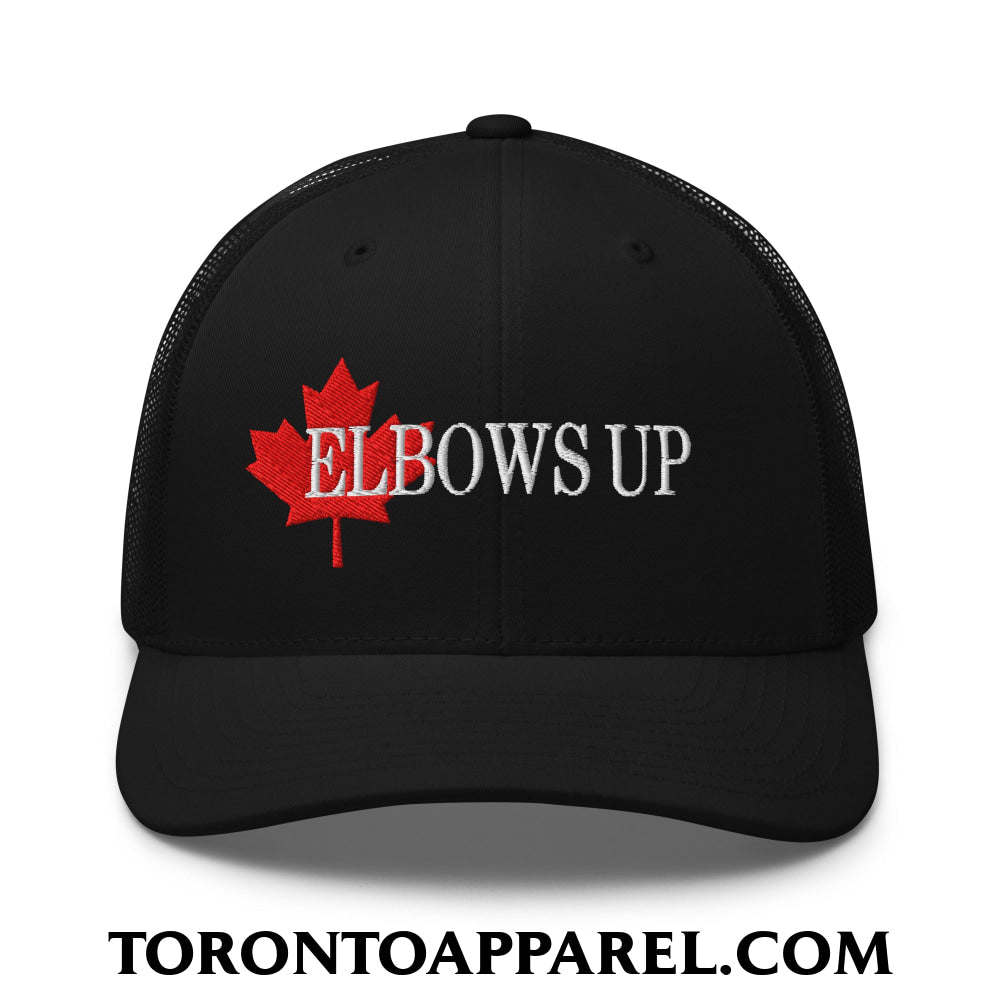 Elbows Up Fight for Canada Maple Leaf Embroidered Mesh Trucker Hat - Black - Toronto Apparel