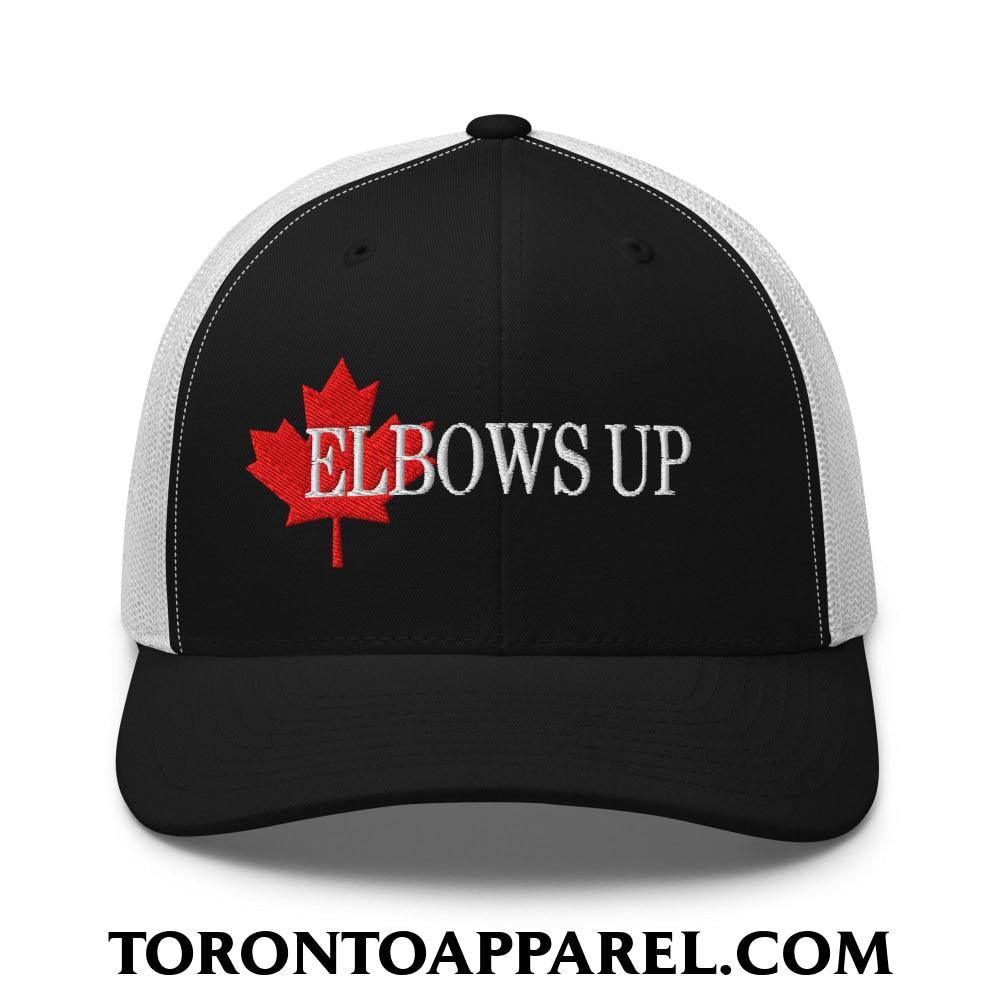 Elbows Up Fight for Canada Maple Leaf Embroidered Mesh Trucker Hat - Black/ White - Toronto Apparel