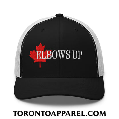 Elbows Up Fight for Canada Maple Leaf Embroidered Mesh Trucker Hat - Black/ White - Toronto Apparel