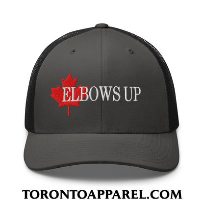 Elbows Up Fight for Canada Maple Leaf Embroidered Mesh Trucker Hat - Charcoal/ Black - Toronto Apparel