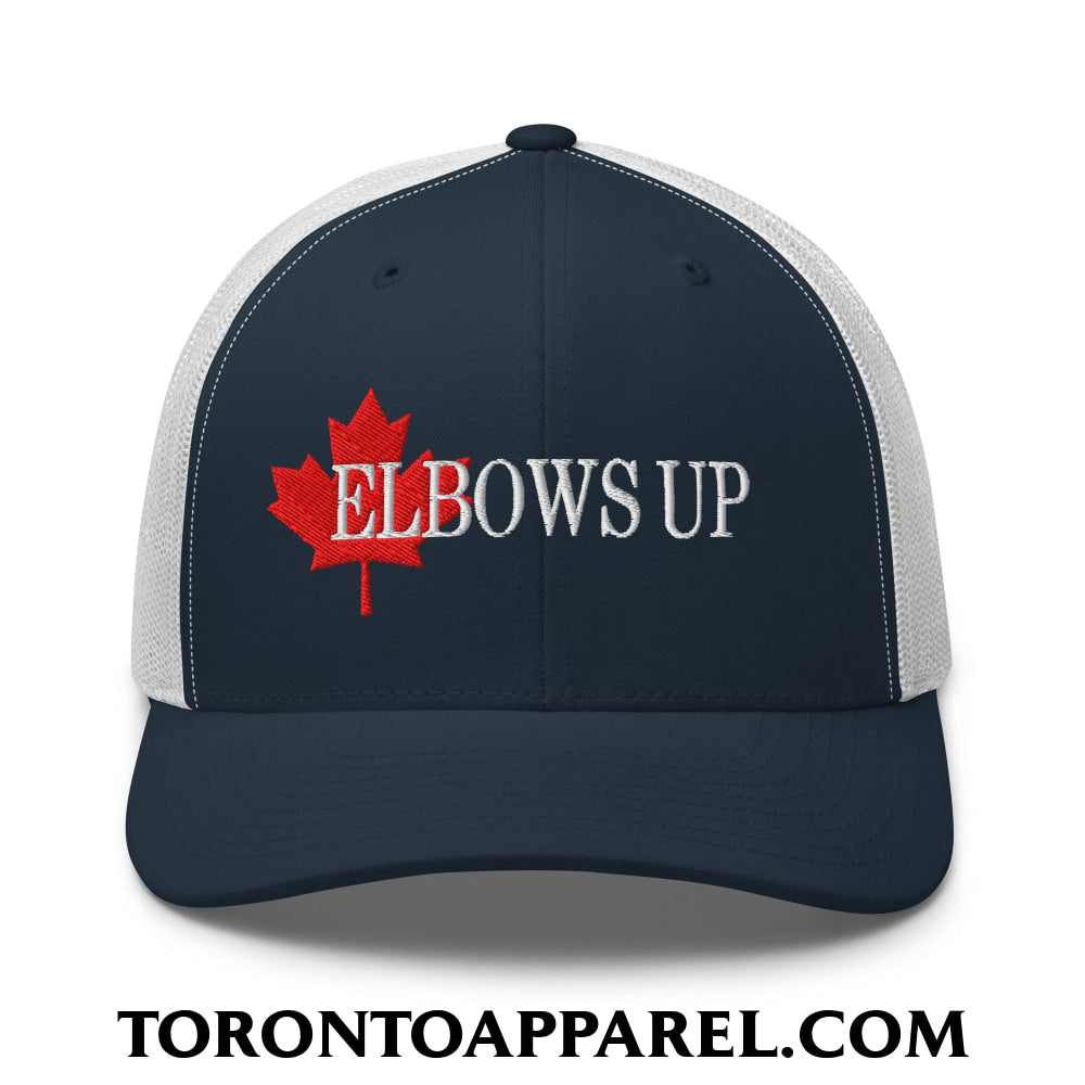 Elbows Up Fight for Canada Maple Leaf Embroidered Mesh Trucker Hat - Navy/ White - Toronto Apparel