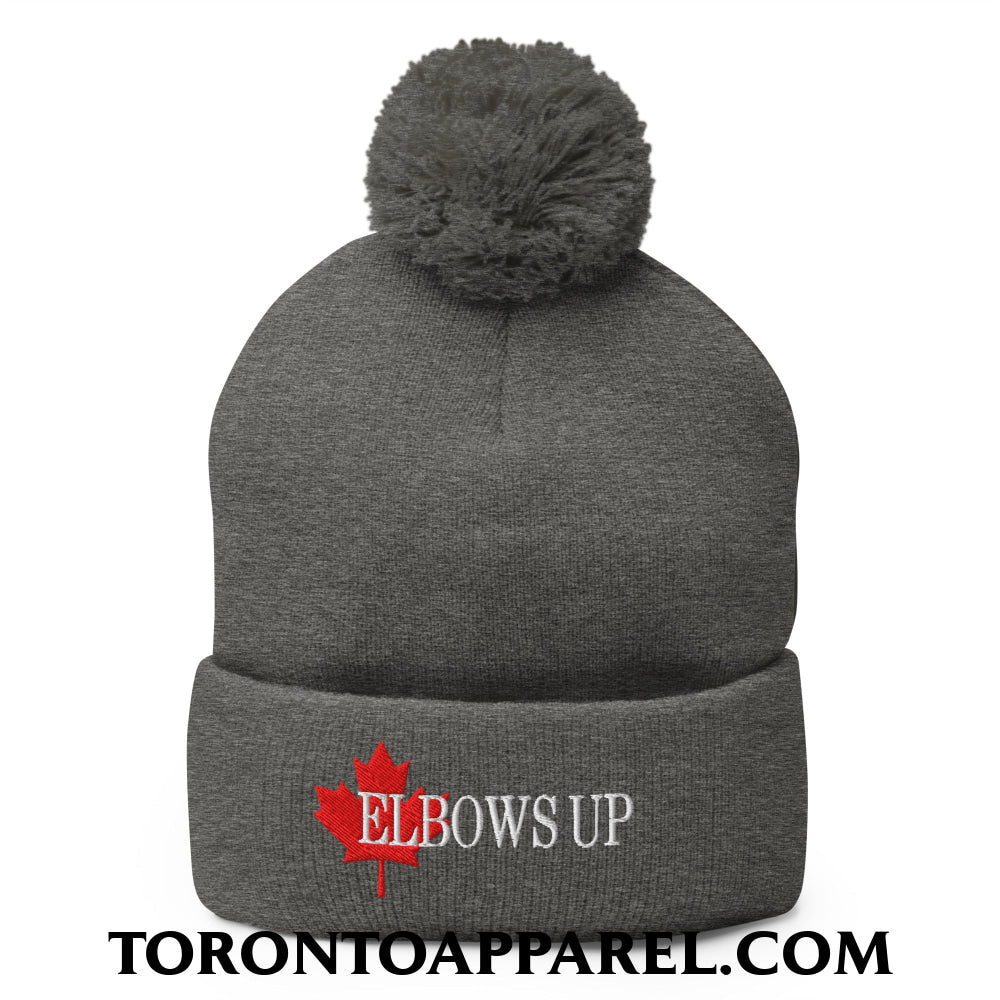 Elbows Up Fight for Canada Maple Leaf Embroidered Pom Pom Knit Beanie - Dark Heather Grey - Toronto Apparel
