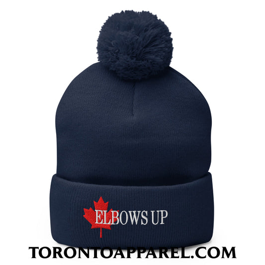 Elbows Up Fight for Canada Maple Leaf Embroidered Pom Pom Knit Beanie - Navy - Toronto Apparel