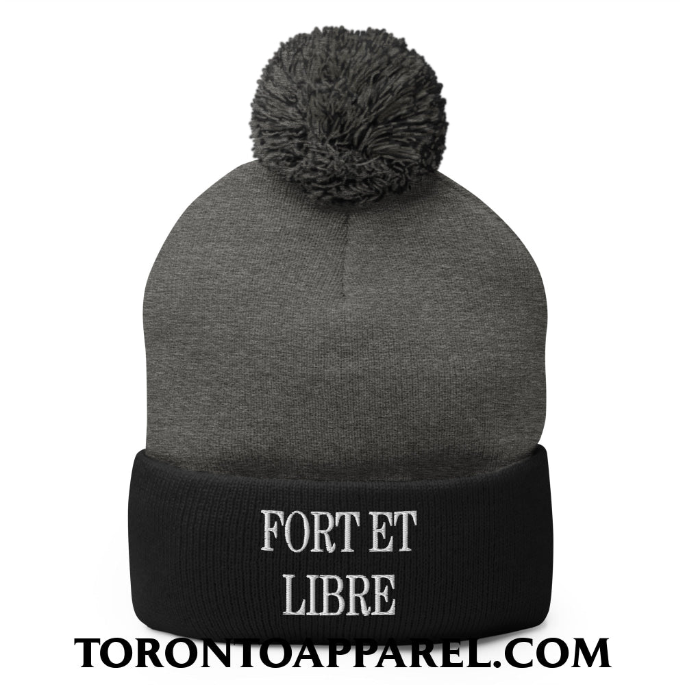 Fort et Libre Canada Strong and Free Embroidered Pom Pom Knit Beanie - Dark Heather Grey/ Black - Toronto Apparel