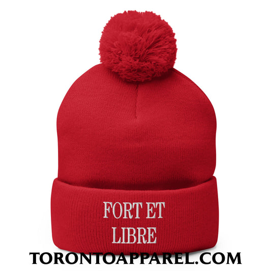 Fort et Libre Canada Strong and Free Embroidered Pom Pom Knit Beanie - Red - Toronto Apparel